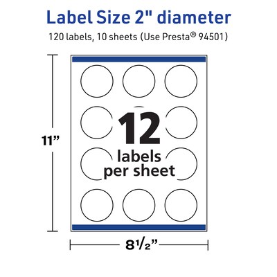 Avery TrueBlock Laser/Inkjet Round Multipurpose Labels, 2" Dia., White, 120 Labels/Pack (94501)