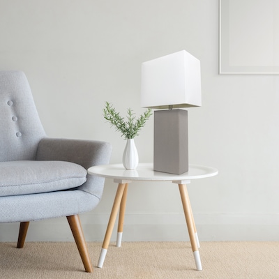 Lalia Home Lexington 21" Leather Base Modern Home Décor Bedside Table Lamp, White Rectangular Fabric Shade, Gray (LHT-3008-GY)
