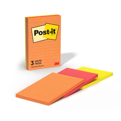 Post-it Sticky Notes, 4" x 6", Sunburst Collection, Lined, 90 Sheets/Pad, 3 Pads/Pack (660-3SUN)