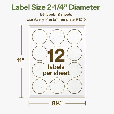Avery Hemp Round Laser/Inkjet Multipurpose Labels, 2-1/4" Dia, Off-White (96/Pack)