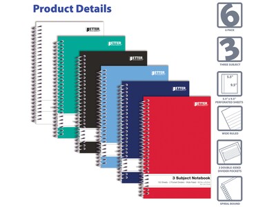 Better Office 3-Subject Notebooks, 5.5" x 9.5", Wide Ruled, 150 Sheets, 6/Pack (25646-6PK)