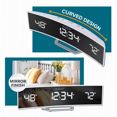 La Crosse Technology White Curved Alarm Clock with Mirrored LED Lens Display (602-247)