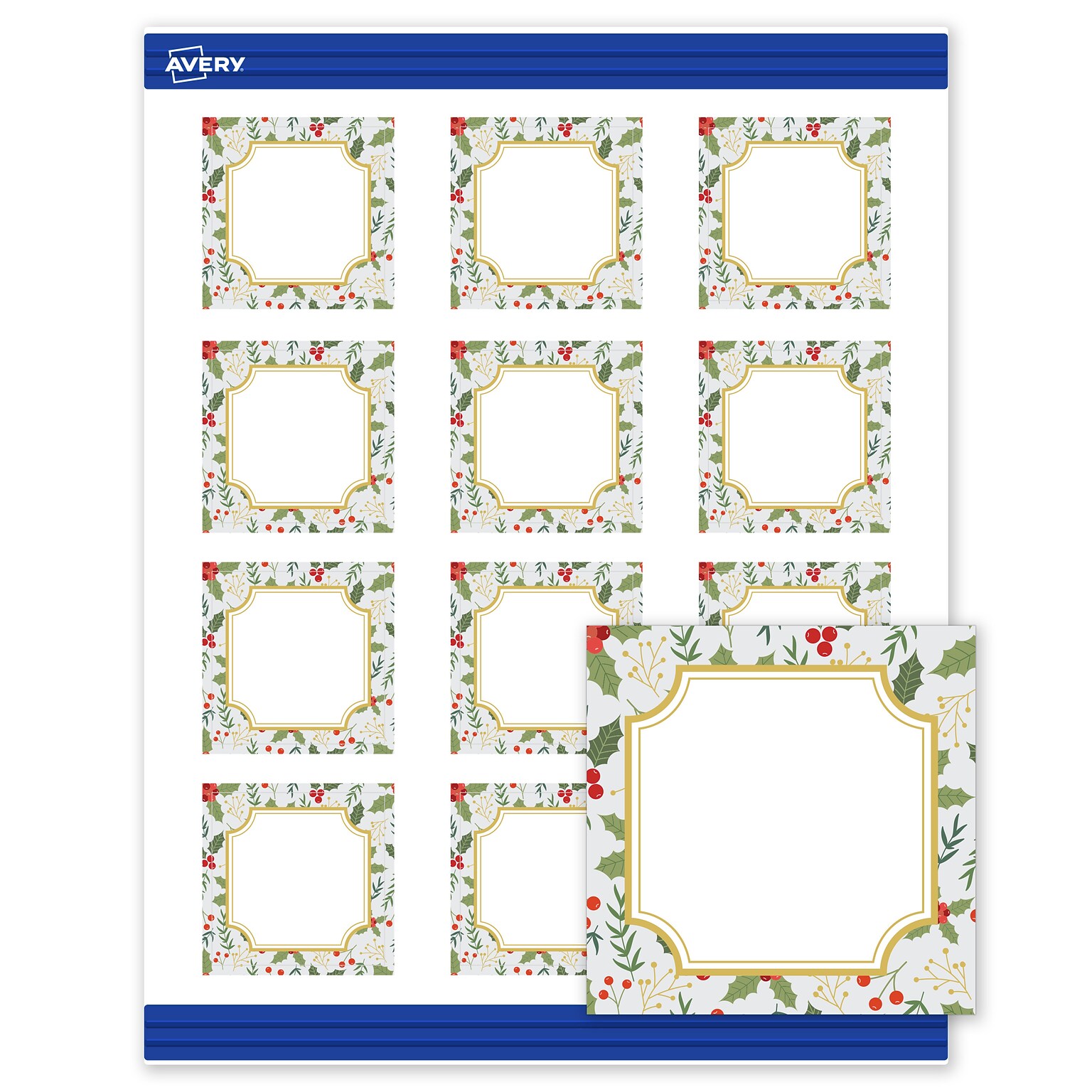 Avery Gold-Blue Border Berries Matte Blank Card, White, 120/Pack (S00-FEG)