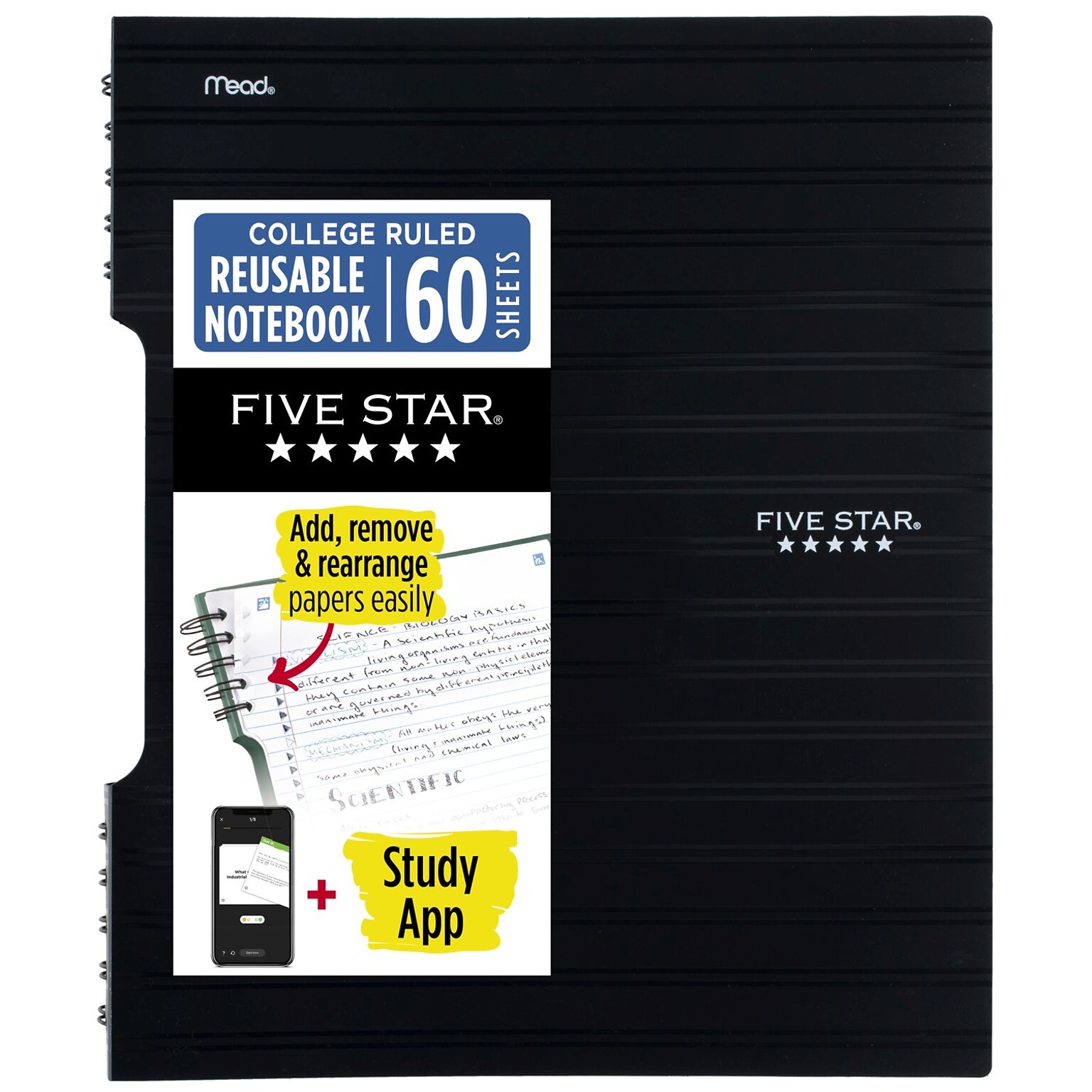 Five Star Reusable Notebook Plus Study App, College Ruled, 8.5 x 11, Black (820476A)