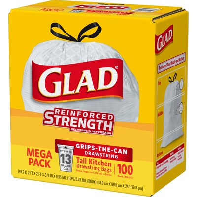 CloroxPro Glad ForceFlex 13 Gallon Tall Kitchen Trash Bag, 8.75" x 9.06", Low Density, .95 mil, White, 100 Bags/Box (CLO 78526)