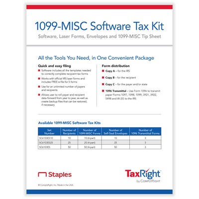 ComplyRight TaxRight 2023 1099-MISC Tax Form Kit with eFile Software & Envelopes, 4-Part, 25/Pack (S