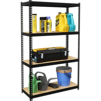 Lorell Iron Horse Narrow Riveted Shelving Unit, 200 lb. Capacity, 30W x 12D x 48H, Black/Natural