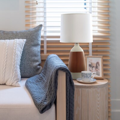 Simple Designs Ceramic Oblong Table Lamp, Dark Wood and White (LT1117-OFF)