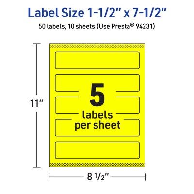 Avery Laser/Inkjet Rectangle Multipurpose Labels, 1.5" x 7.5", Neon Yellow, 50/Pack (94231)