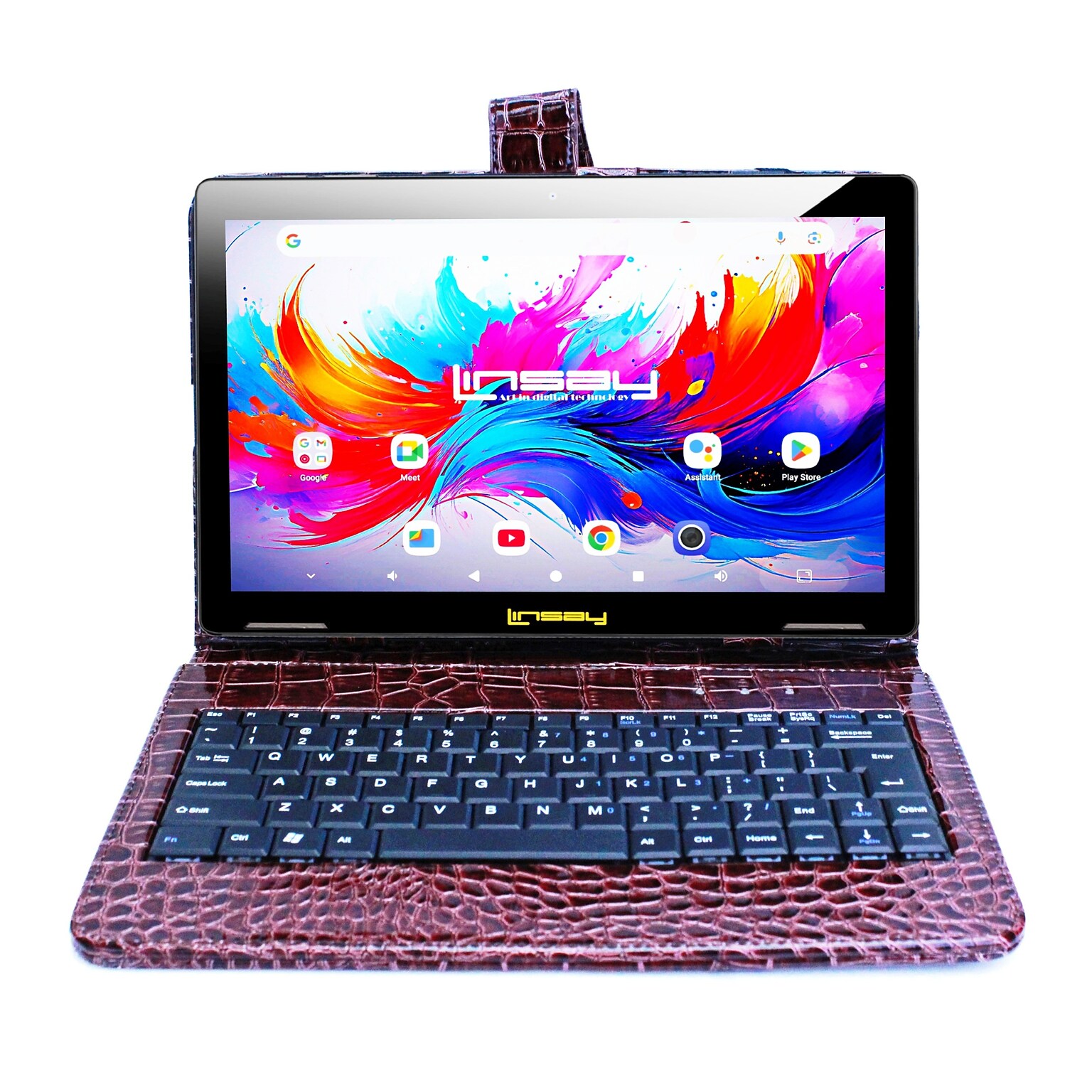 Linsay F10 Series 10.1 Tablet, Wi-Fi, Octa Core, 256GB eMMC, Android 15, with Brown Crocodile Keyboard Case
