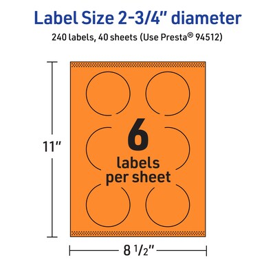 Avery Laser/Inkjet Multipurpose Circle Labels, 2.75" Dia., Bright Orange, 240/Pack (94512)