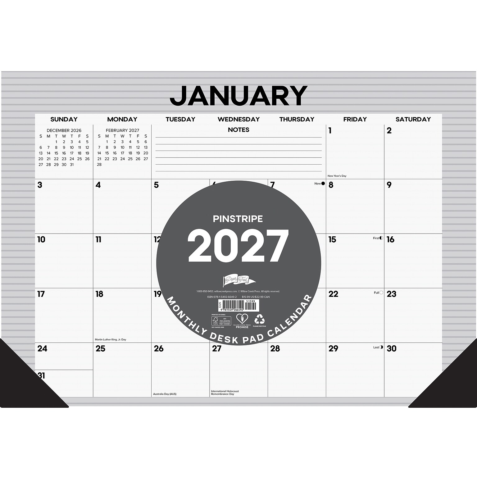 2027 Willow Creek Pinstripe 17 x 12 Monthly Desk Pad Calendar, Assorted Colors (66492)