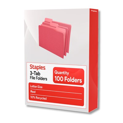 Staples File Folders, 1/3-Cut Tab, Letter Size, Red, 100/Box (ST224519-CC)