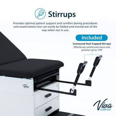 Viva Comfort Slimline Exam Table Base with Leg Rest, Step Stool, Drawers, Stirrups, 420 lb Capacity, Black (ADI996-FBSU-M2-BLK)