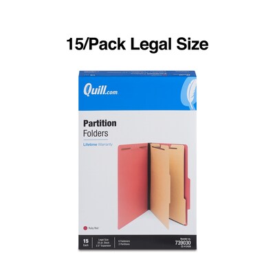 Quill Brand® 2/5-Cut Tab Pressboard Classification File Folders, 2-Partitions, 6-Fasteners, Legal, Red, 15/Box (739030)