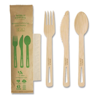 World Centric Individually Wrapped Bamboo Renewable Content Cutlery Set, Medium-Weight, Natural, 250/Carton (WORASBBTN)
