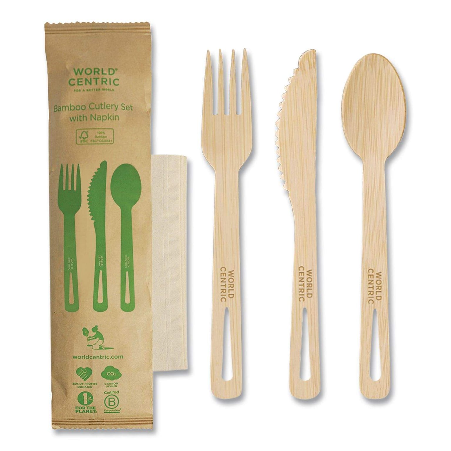 World Centric Individually Wrapped Bamboo Renewable Content Cutlery Set, Medium-Weight, Natural, 250/Carton (WORASBBTN)
