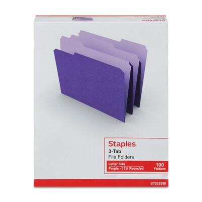 Staples® File Folders, 1/3 Cut Tab, Letter Size, Purple, 100/Box (TR535559)