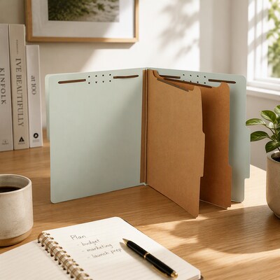 Staples 60% Recycled Pressboard Classification Folder, 2-Dividers, 2.5" Expansion, Letter Size, Light Gray/Green, 10/Box