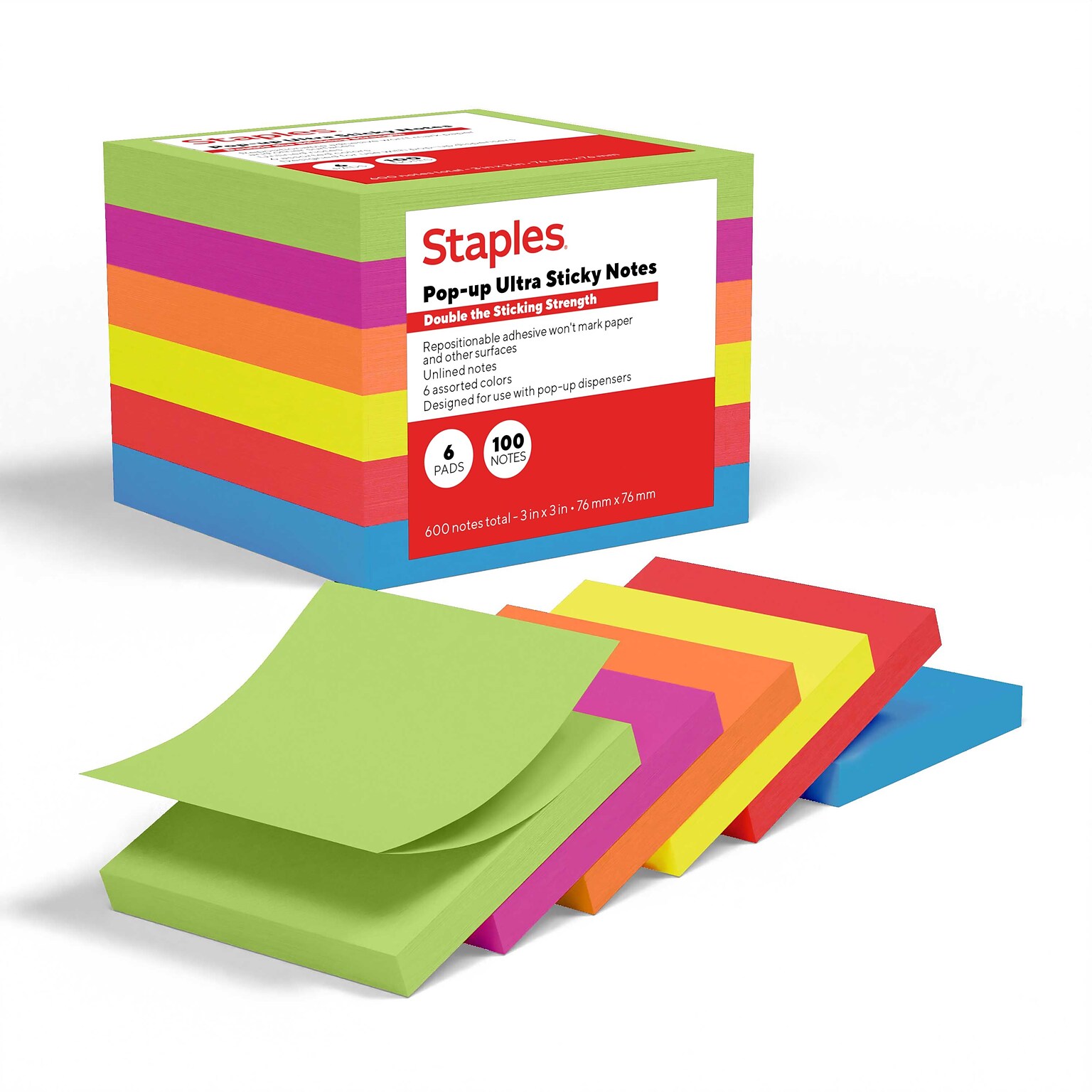 Staples Pop-up Ultra Sticky Notes, 3 x 3, Summer Breeze Collection, 100 Sheets/Pad, 6 Pads/Pack (ST62895)