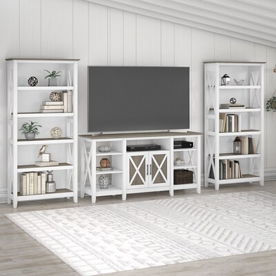 Bush Furniture Key West Tall TV Stand with Set of Two Bookcases, Shiplap Gray/Pure White, Screens up