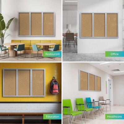 Ghent 3 Door Enclosed Natural Cork Bulletin Board, Satin Aluminum Frame, 4'H x 8'W, (GHEPA34896K)