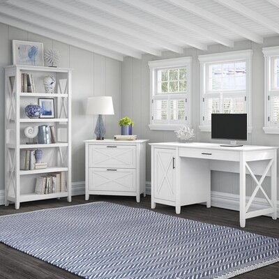 Bush Furniture Key West 54 Computer Desk Bundle, Pure White Oak (KWS009WT)
