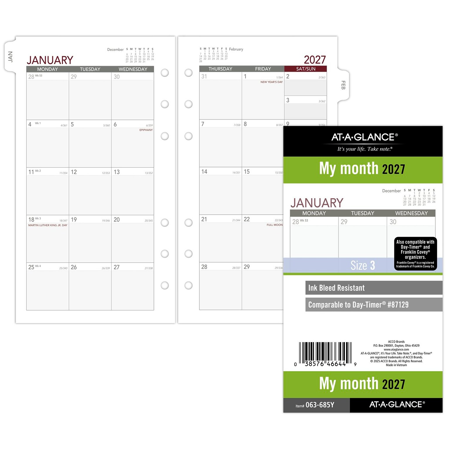 2027 AT-A-GLANCE 6.75 x 3.75 Monthly Planner Refill, White/Gray (063-685Y-27)