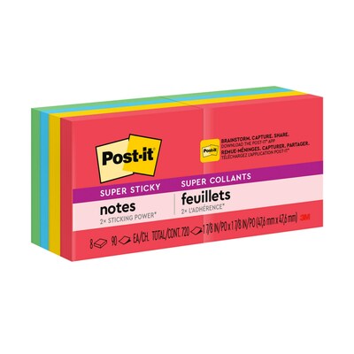 Post-it® Super Sticky Notes, 1 7/8" x 1 7/8", Playful Primaries Collection, 90 Sheets/Pad, 8 Pads/Pack (622-8SSAN)