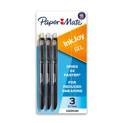 Paper Mate InkJoy Retractable Gel Pen, Medium Point, Black Ink, 3/Pack (1951637)