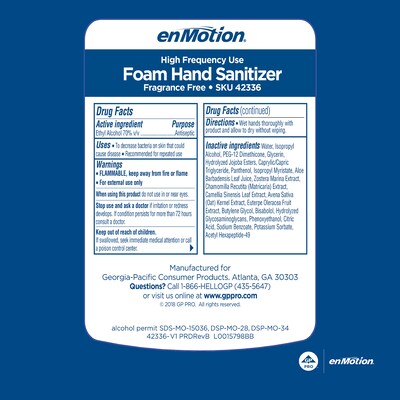 enMotion Moisturizing Foaming Hand Sanitizer Dispenser Refills by GP PRO, 1000 mL., 2/Carton (42336)