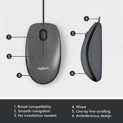 Logitech M100 Ambidextrous Optical USB Mouse, Black (910-001601)