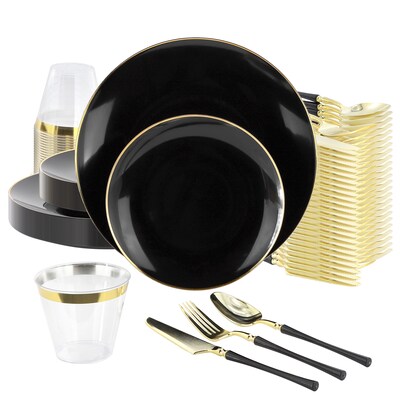 Round Elama Plastic Dinnerware Set, Black/Golg, 150 Piece (935123351M)