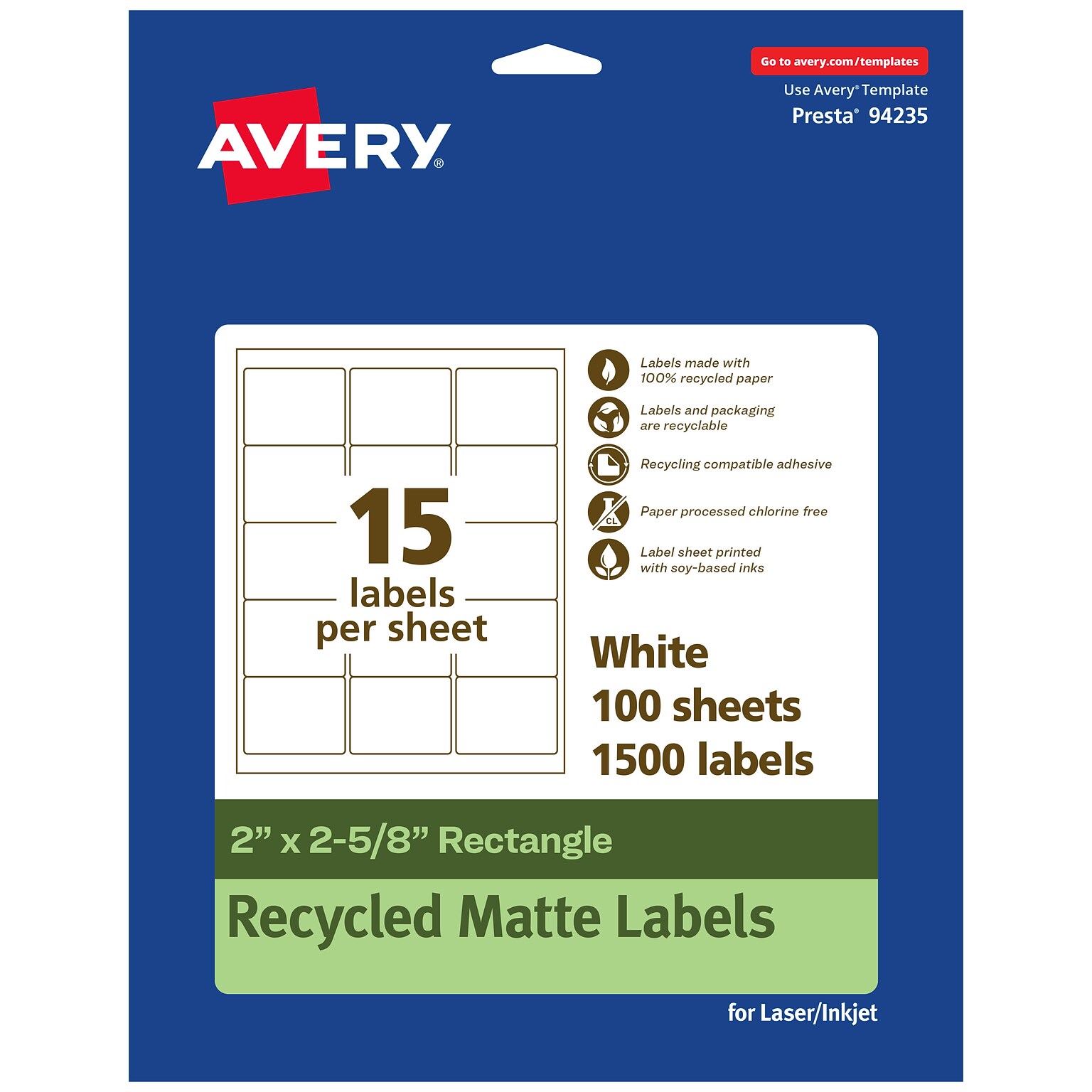 Avery EcoFriendly Rectangle Labels, 2 x 2-5/8, 1,500 Labels/Pack (94235-EWMP100)
