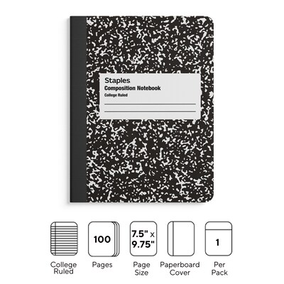 Staples® Composition Notebook, 7.5" x 9.75", College Ruled, 100 Sheets, Black (ST55064)