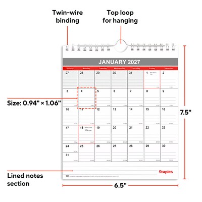 2027 Staples 6.5 x 7.5 Monthly Wall Calendar, White/Red/Gray (ST53923-27)