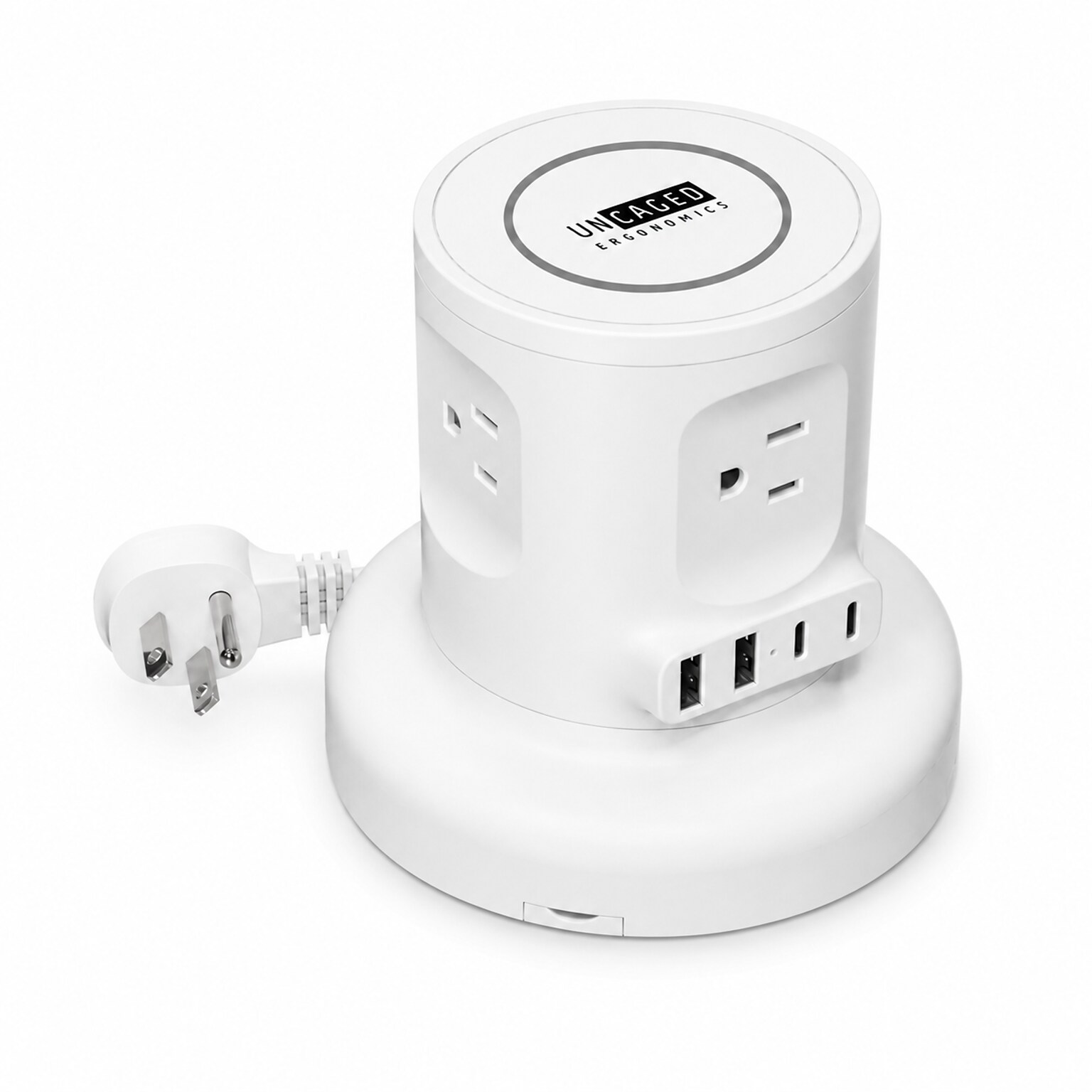 Uncaged Ergonomics USB-C Wireless 6 ft. Retractable Power Strip with 15W Wireless Charger, 4-Outlet, White (WRPS-2-White)