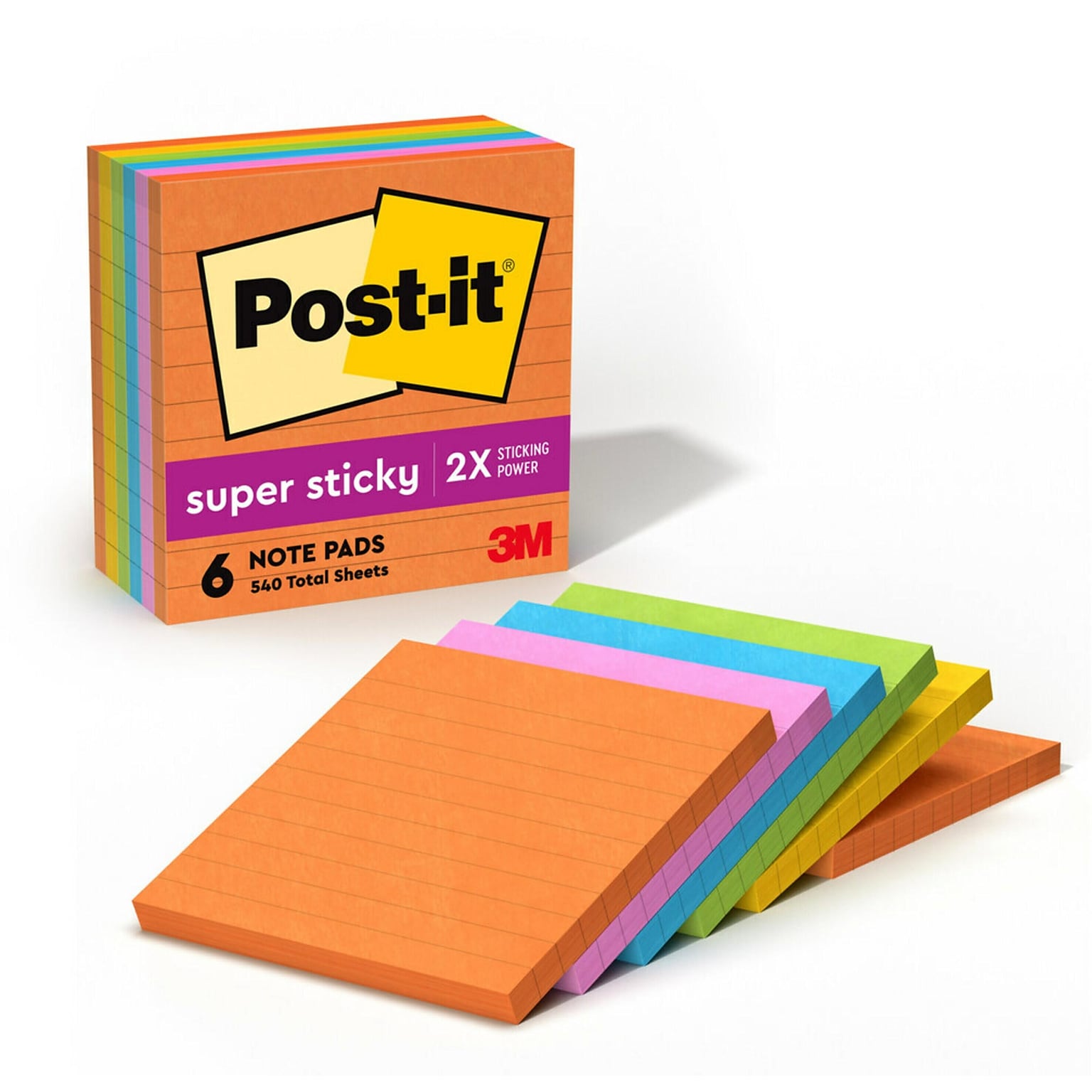 Post-it Super Sticky Notes, 4 x 4, Energy Boost Collection, Lined, 90 Sheet/Pad, 6 Pads/Pack (6756SSUC)