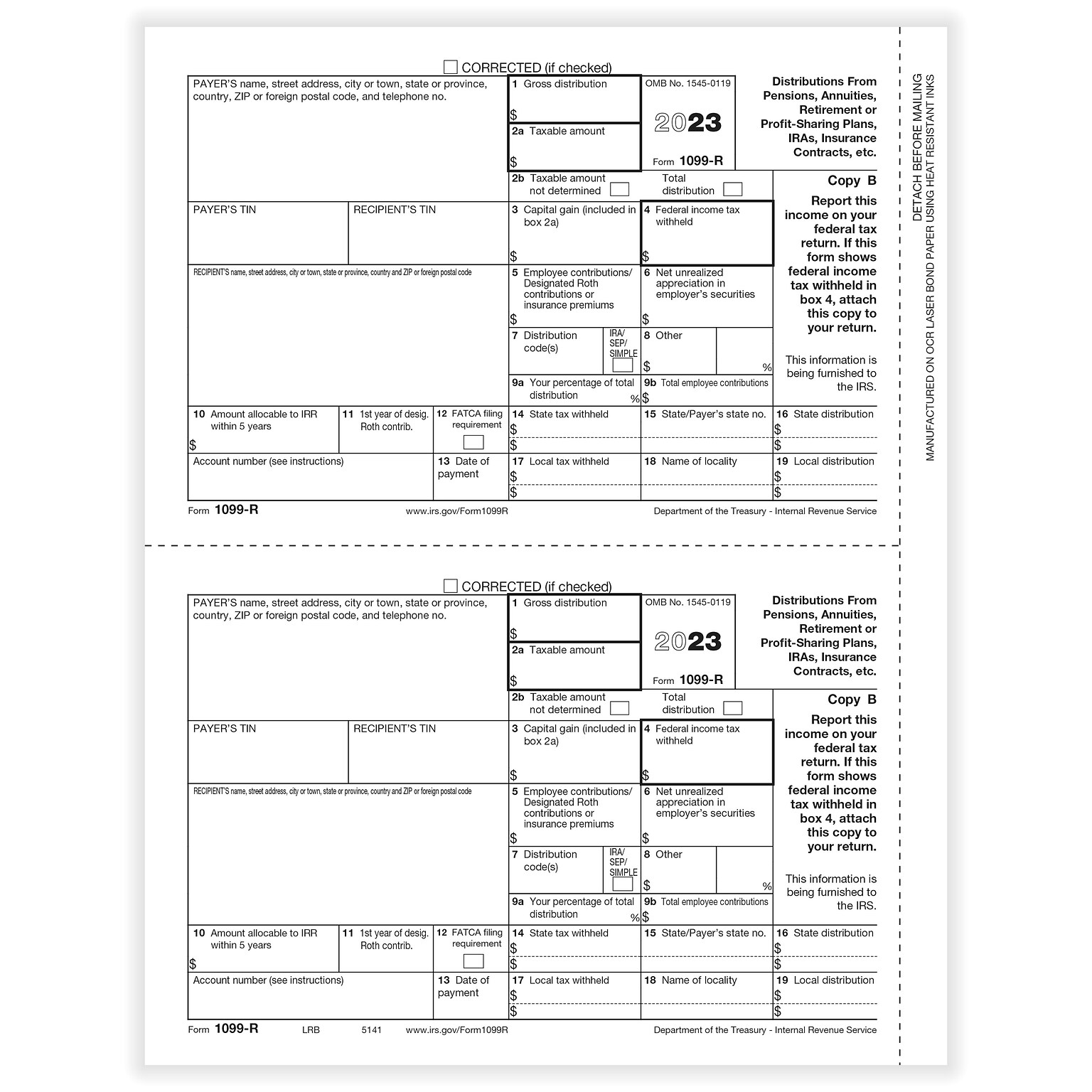 ComplyRight® 2023 1099-R Tax Form, Recipient Copy B, 2-Up, 50/Pack (514150)