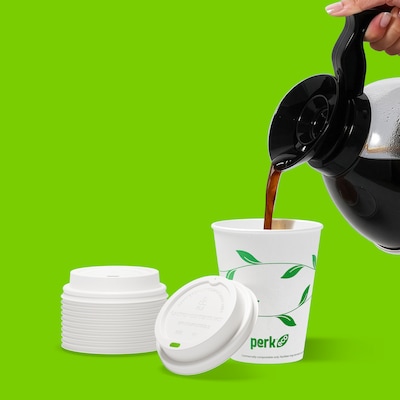 Perk™ Eco Compostable Plastic Hot Cup Lid, 10/12/16 Oz., White, 50/Pack (PK56218)