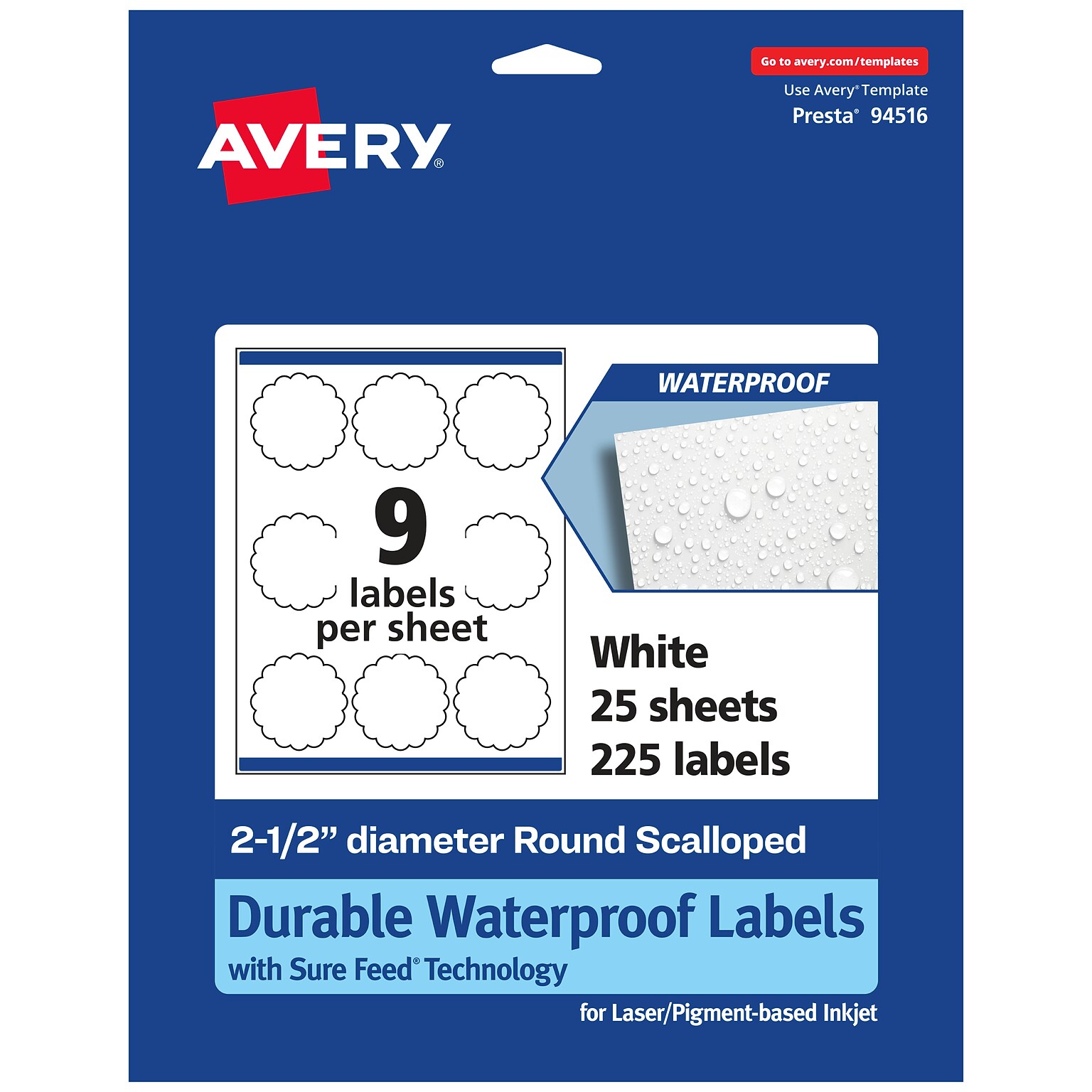 Avery Laser/Inkjet Decorative Edge Waterproof Multipurpose Labels, 2.5  x 2.5, White, 225/Pack (94516)