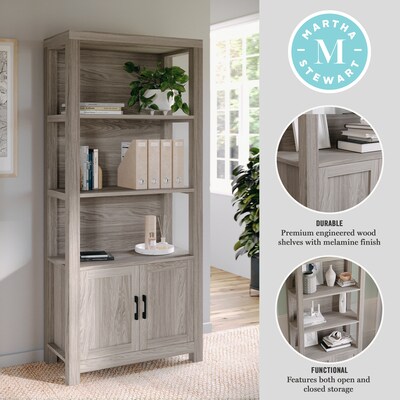 Martha Stewart Hutton 68" 4-Shelf Shaker Style Bookcase w/ Cabinet, Gray Washed Wood/Oil Rubbed Bronze Hardware (ZG053GYBK)