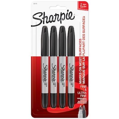 Sharpie Permanent Markers, Twin Tip, Black, 4/Pack (32175)