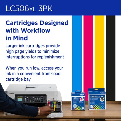 Brother LC506XL Cyan/Magenta/Yellow High Yield Ink Cartridge, 3/Pack (LC506XL3PKS)