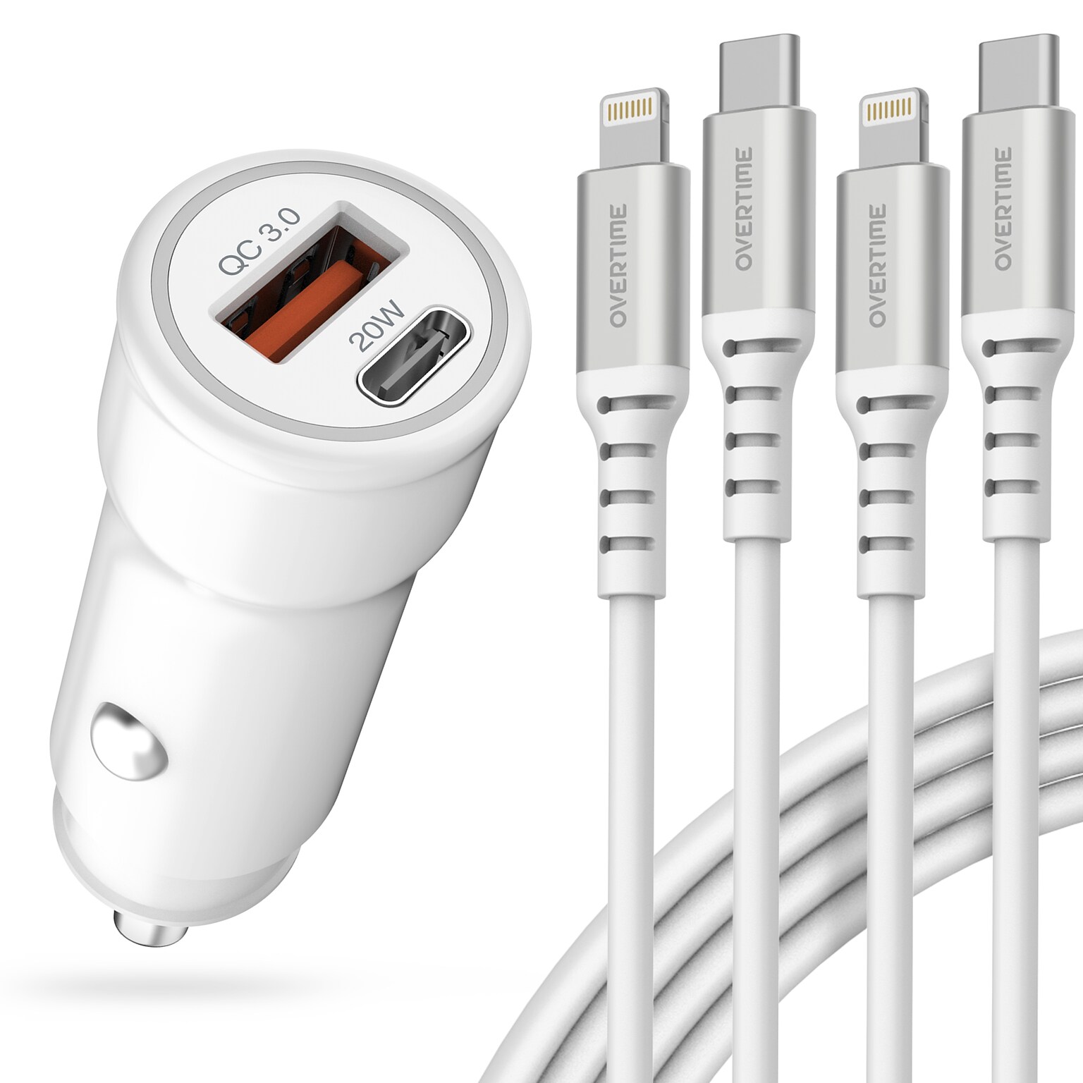 Overtime 38W Dual Port Car Charger & Two USB-C to Lightning Cables Bundle, White (OTC2PD6ICX2)