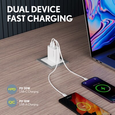 Delton Overtime USB-A/USB-C Wall Charger, 20W, White (DH2USB2A)