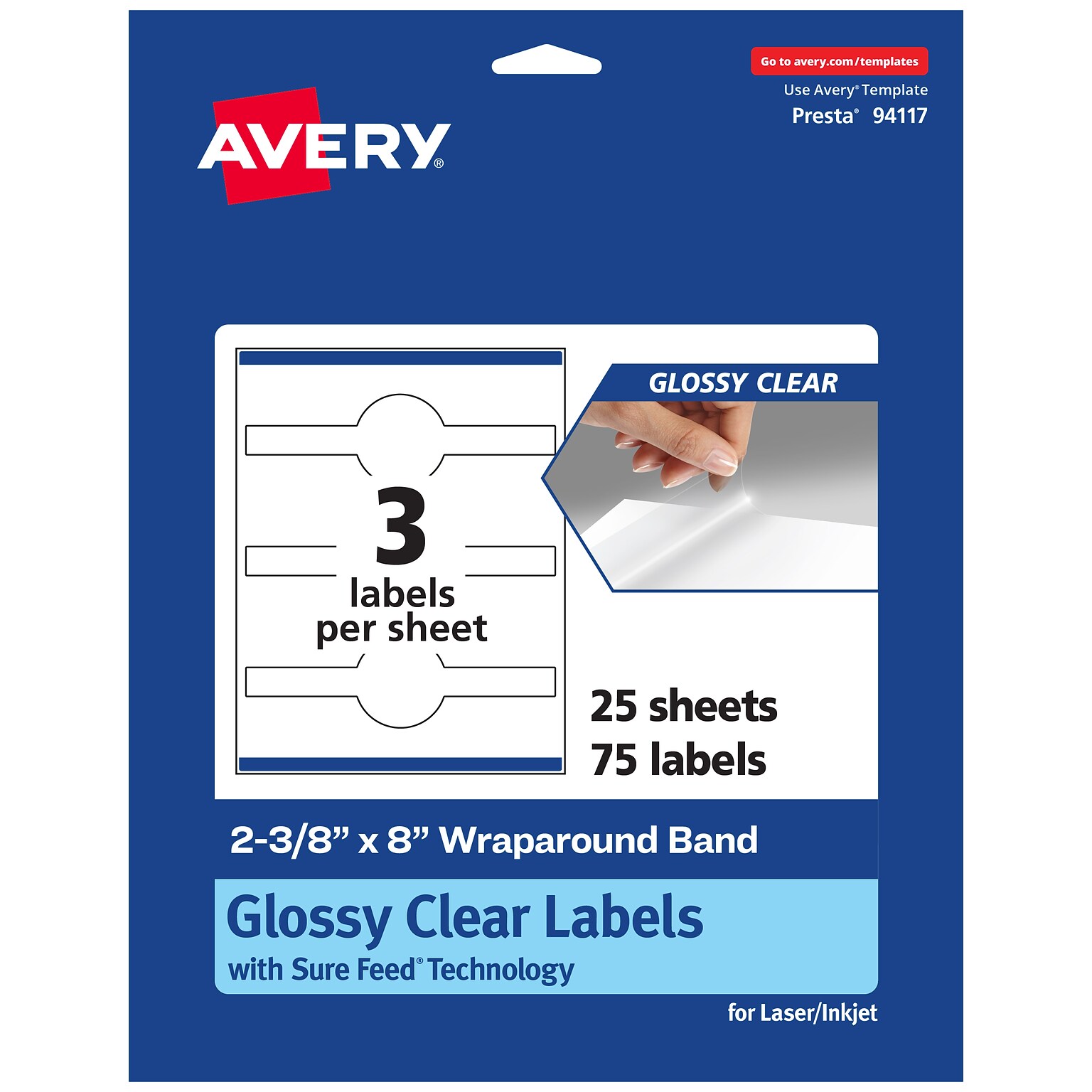 Avery Laser/Inkjet Multipurpose Labels, 8 x , Glossy Clear, 75/Pack (94117)