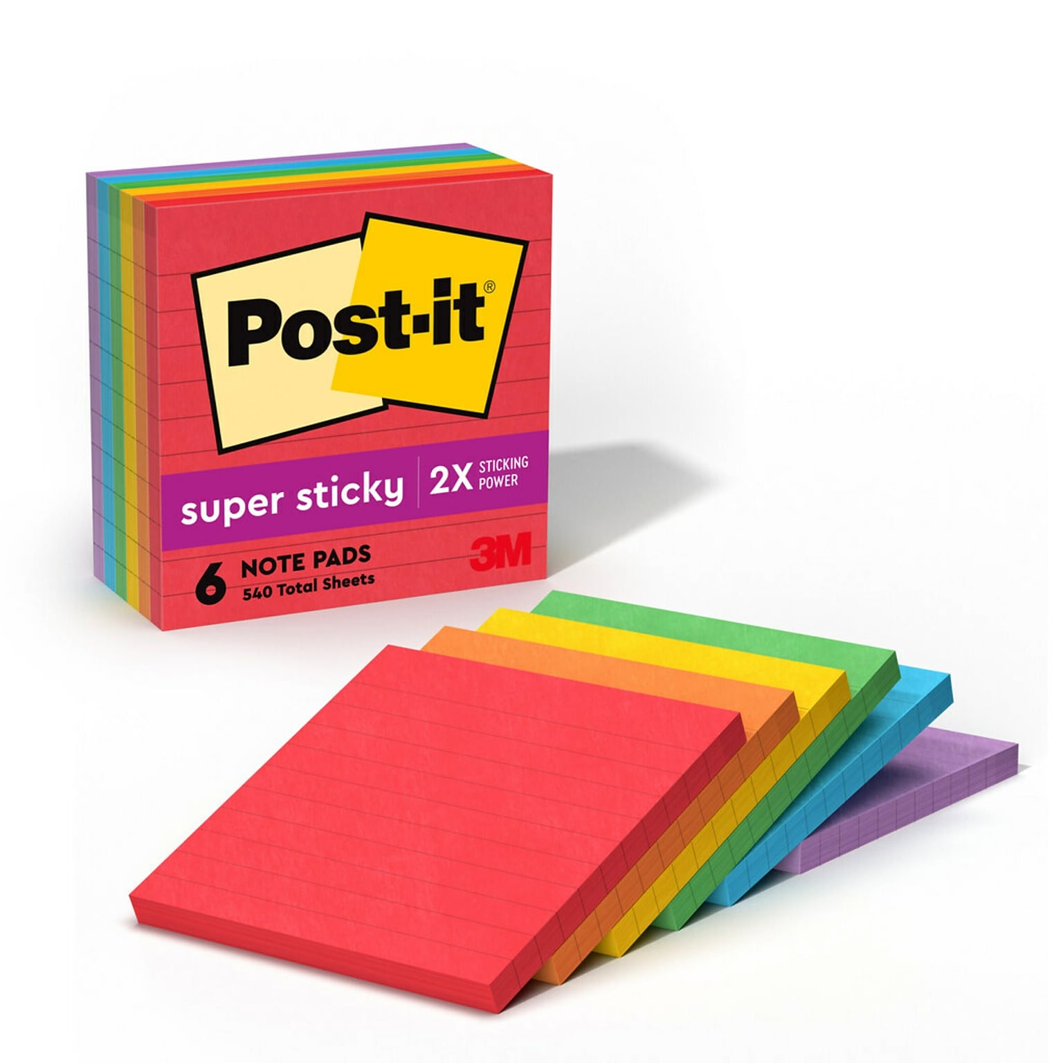 Post-it Super Sticky Notes, 4 x 4, Playful Primaries Collection, Lined, 90 Sheet/Pad, 6 Pads/Pack (6756SSAN)