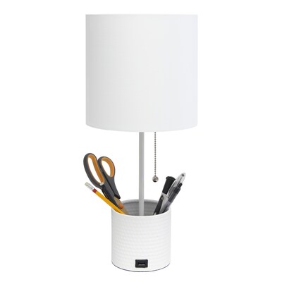 Simple Designs Hammered Metal Organizer 18.50" LED Table Lamp with USB Charging Port, White (LT1085-WHT)