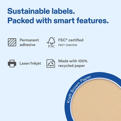 Avery Round Laser/Inkjet Multipurpose Labels, 2 Round, Kraft Brown, 20 Labels/Sheet, 15 Sheets/Pack (19479311171)